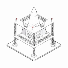 Isometric illustration of a multi-level construction site with scaffolding and a pointed roof structure.