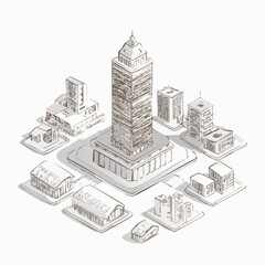 Isometric illustration of a cityscape with various buildings and skyscrapers.