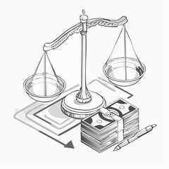 Illustration of a balance scale with money and documents.