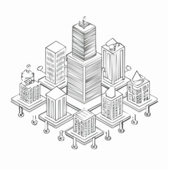 Isometric cityscape with modern office buildings and skyscrapers.