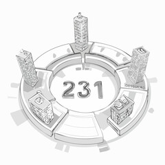 Isometric illustration of a cityscape with buildings and roads in a circular layout.