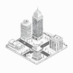 Isometric illustration of modern cityscape with skyscrapers and urban infrastructure.