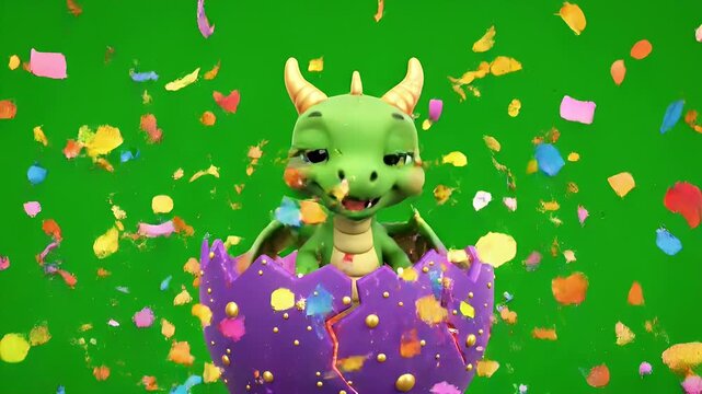 Hatching Dragon Celebration - A cheerful baby green dragon is hatching from a bright purple egg amidst a shower of colorful confetti on a green background.