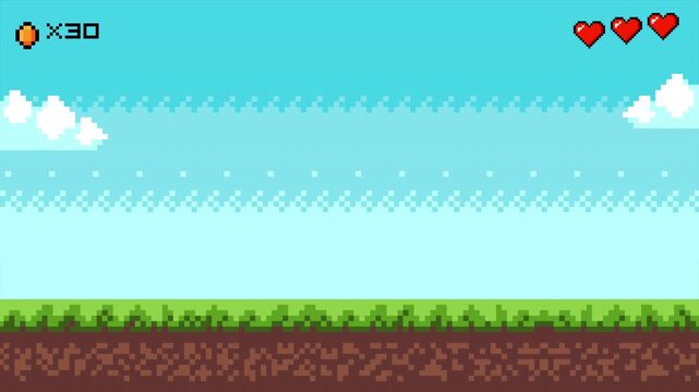 Animation of pixel cloud background of retro video game. 8 bit pixel game nature landscape scene. 4k video