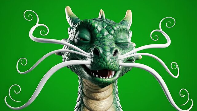Winking Dragon Cartoon Character - A friendly, green cartoon dragon winks at the viewer against a vibrant green background. The dragon has white whiskers with curled ends, adding a whimsical touch.