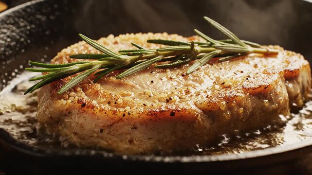 Juicy steak sizzling in a cast iron pan with fresh rosemary and butter basting