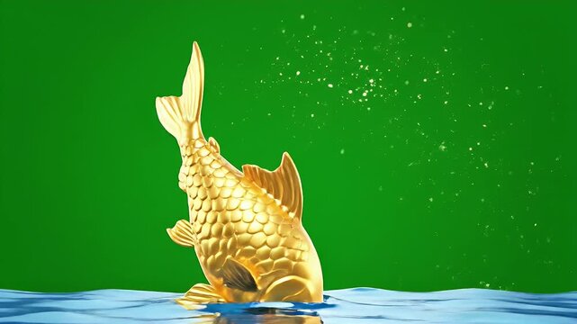Golden Fish Jumping - A golden fish leaps out of the water, creating a splash. The background is a vibrant green color.