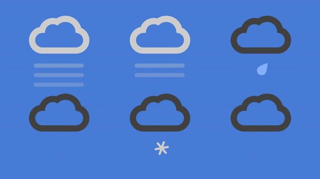 weather map symbols, animated loops, fog, mist, rain, snow, cloud, graphic symbol icon construction kit, blue then black background