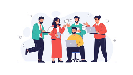 Obraz premium Diverse team collaborating on a project with laptops and tablets, flat design illustration