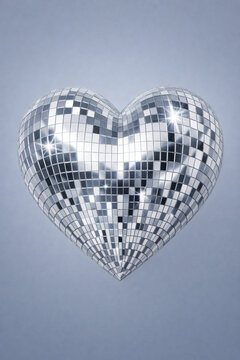 Silver Disco Ball Heart Symbolize Love and Celebration on Light Blue Background