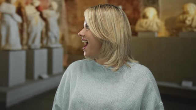 Woman in light grey sweater with surprised expression and mouth open looks at classical marble sculpture in museum gallery; wonder.