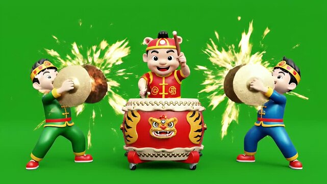 Festive Cartoon Drumming Trio on Green Screen - A colorful scene featuring a cartoon character drumming on a vibrant red drum decorated with a tiger face motif.