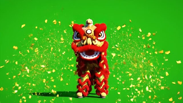 Chinese Lion Dance Costume on Green Screen - A vibrant red and gold Chinese lion dance costume stands in front of a green screen backdrop.