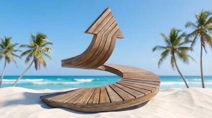 Wooden boardwalk arrow rising on tropical beach