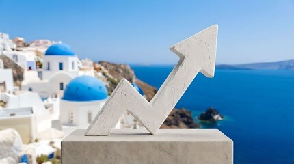 White plaster arrow rising over Greek island hotel