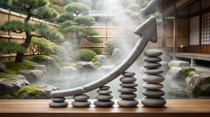 Zen stone arrow rising in Japanese onsen garden