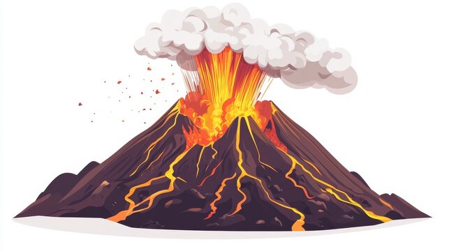 Dramatic cross-section volcano eruption diagram, vibrant magma chamber glowing intensely, multiple lava flow paths down mountain slopes, pyroclastic cloud billowing skyward, simplified geological