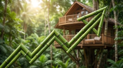 Bamboo stalk arrow rising in jungle treehouse resort