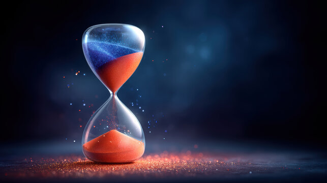 Financial hourglass with glowing orange sand and blue light particles symbolizing time urgency