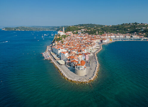 Aerial view of Piran old town peninsula and Adriatic Sea, Slovenia