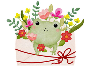 Frog in an envelope with flowers