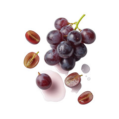Obraz premium Bunch of grapes with juice splatters purple fruit juicy isolated on a transparent background