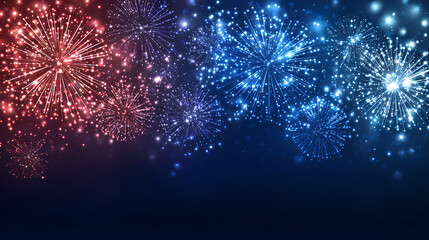 Obraz premium Colorful red and blue fireworks exploding against a dark starry night sky background 