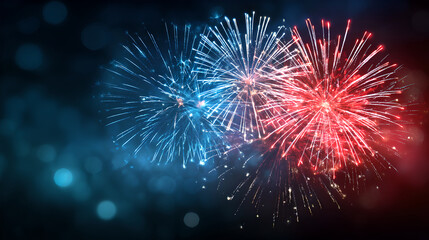 Fototapeta premium Colorful red and blue fireworks exploding against a dark starry night sky background 