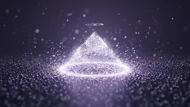 Abstract glowing pyramid made of sparkling particles on a dark cosmic background, futuristic digital visualization