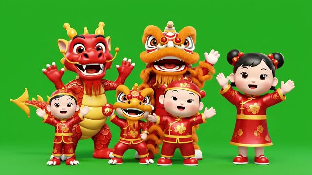 Cartoon Chinese New Year Celebration - A vibrant illustration featuring a group of cheerful cartoon characters celebrating Chinese New Year.