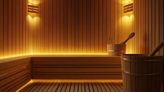 Highly detailed macro perspective of Finnish sauna wood paneling with characteristic honey tones, infrared heating elements mounted behind protective wooden grilles, traditional wooden bucket with