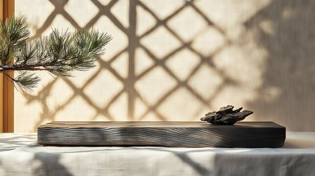 Charred shou sugi ban wooden display platform traditional Japanese wooden lattice background with paper backing natural branch with pine needles creating organic element delicate sunlight casting