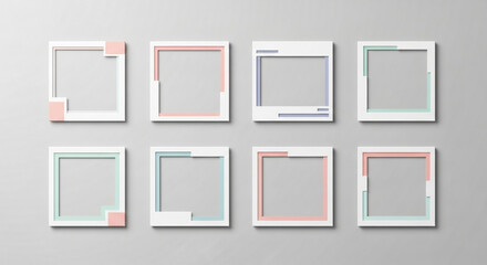 Collection of modern square photo frames minimalist design elements with pastel accents for social media posts and digital scrapbooking isolated on grey background