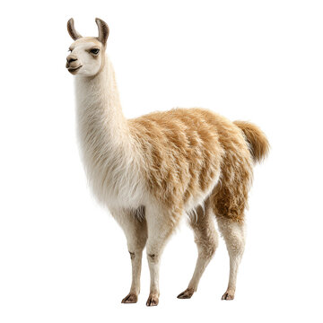 A graceful llama standing on a plain white background with its head slightly raised.