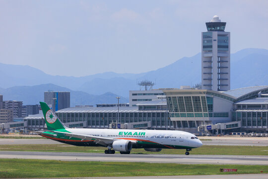 Fukuoka Japan - 2025 June 29: An EVA Air Boeing 787-10 Dreamliner aircraft taxis on the runway at Fukuoka Airport