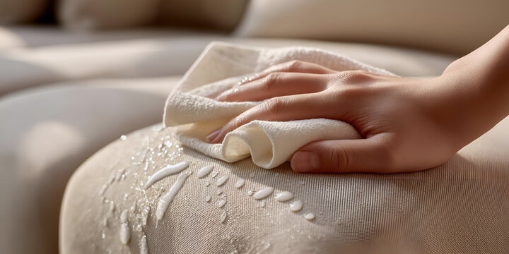 A person wiping a stain from a beige fabric sofa with a cloth, showcasing effective cleaning and home maintenance techniques.