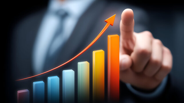 A professional hand pointing at a rising graph, symbolizing growth and success in business performance and strategy development.