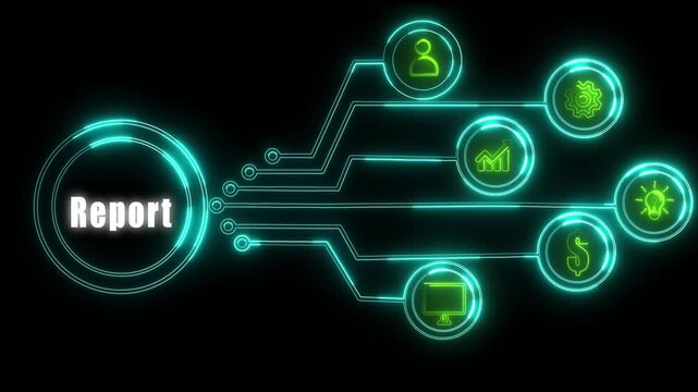 Futuristic digital HUD interface representing business report with glowing icons for data analysis analytics statistics document summary and technical information on background.
