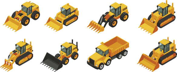 Isometric construction vehicle set featuring loaders, bulldozers, excavators and dump truck for heavy machinery industrial equipment vector illustration © SREECHNA