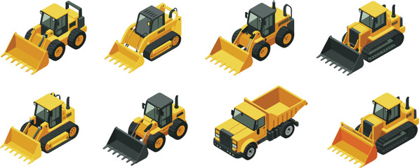 Isometric construction vehicle set with loaders, bulldozers, tracked machines and dump truck for heavy machinery industrial equipment vector illustration © SREECHNA