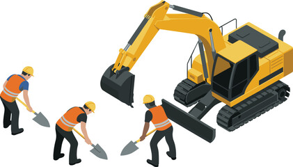 Isometric construction workers digging with shovels beside excavator machine, teamwork excavation process, civil engineering labor illustration for infrastructure development © SREECHNA