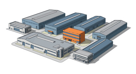 Overhead isometric illustration of a commercial industrial district featuring multiple factory buildings, warehouses, and logistical hubs, representing a modern business infrastructure