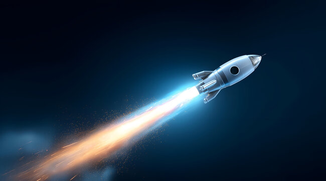 A sleek rocket blasting off into the void, showcasing the power of innovation and exploration in space travel.