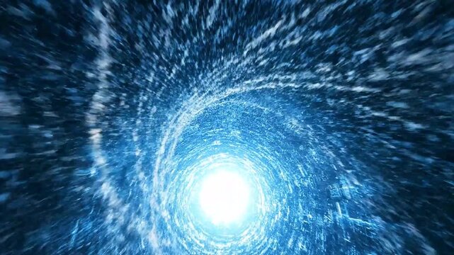 A three-dimensional leader emerges from a network of blue particles converging towards a bright central light.