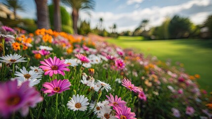 Obraz premium Aesthetic Golf Landscape: Vibrant Spring Blooms and Perfect Green Grass