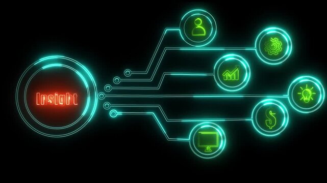 Futuristic digital HUD interface representing business insight with glowing icons for data analysis analytics foresight understanding and strategic technical intelligence on background.
