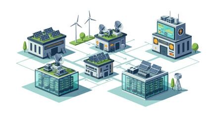 Fototapeta premium Isometric illustration of an interconnected smart city grid featuring sustainable energy solutions and modern data centers, representing a future technological infrastructure