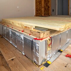 Insulation and building materials on wood flooring in a construction site
