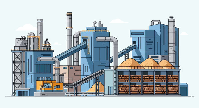 Modern industrial wood processing plant illustration with factory buildings, tall chimneys, active conveyor belts, and stockpiles of lumber and wood chips