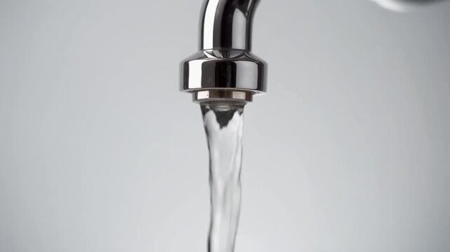 Refreshing stream of pure water pouring from a sleek, contemporary kitchen faucet, highlighting cleanliness and vital liquid resource
